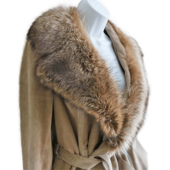 Vintage 70s Leather Hippie Coat Wide Fur Notched Collar Quilted Lining Belt M - Picture 4 of 9